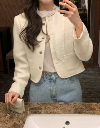 Collarless tweed jacket