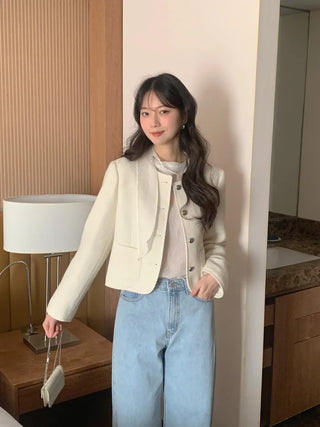 Collarless tweed jacket