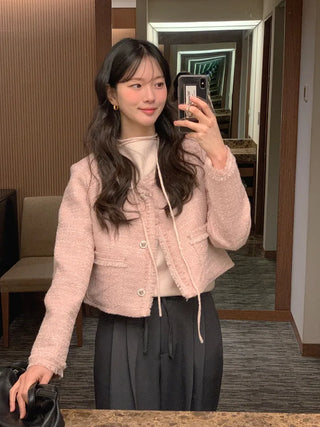 (2 colors) Collarless Tweed Jacket