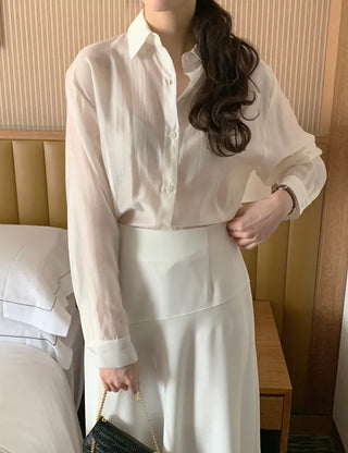 (4 colors) Sheer Tucked Shirt