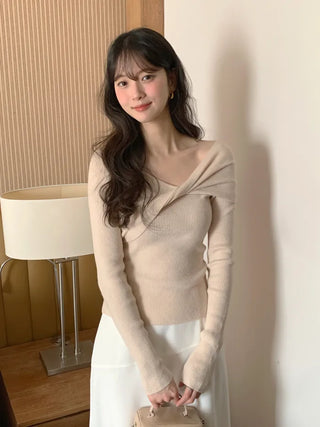 (5 colors) Drape Off-Shoulder Knit