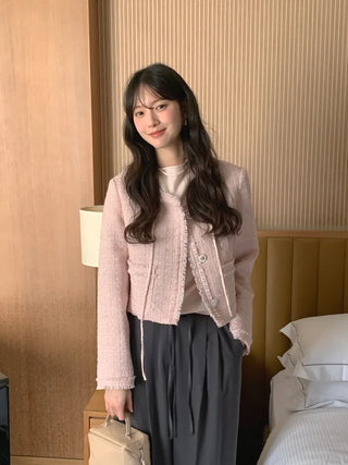 (2 colors) Collarless Tweed Jacket