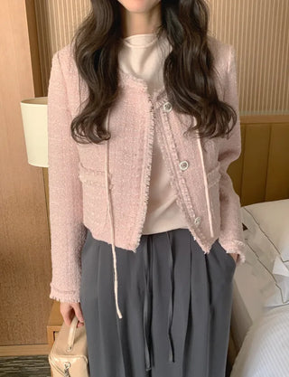 (2 colors) Collarless Tweed Jacket