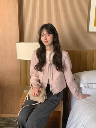 (2 colors) Collarless Tweed Jacket