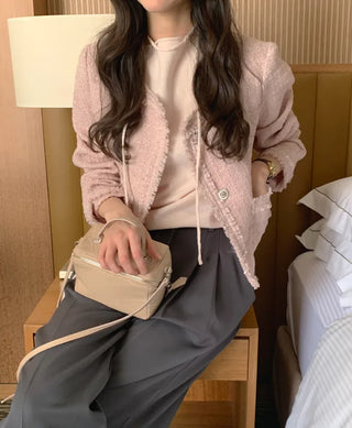 (2 colors) Collarless Tweed Jacket