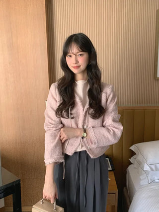 (2 colors) Collarless Tweed Jacket