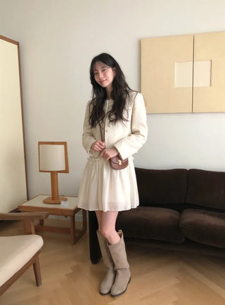 (2 colors) Frill Shirring Midi Dress