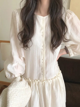 (2 colors) Frill Shirring Midi Dress