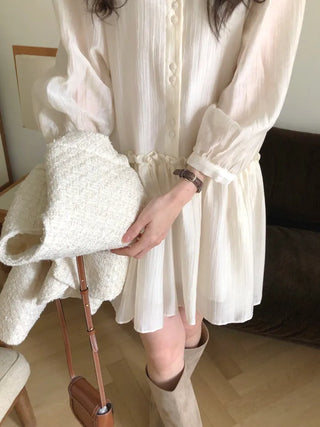 (2 colors) Frill Shirring Midi Dress