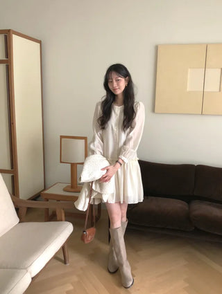 (2 colors) Frill Shirring Midi Dress