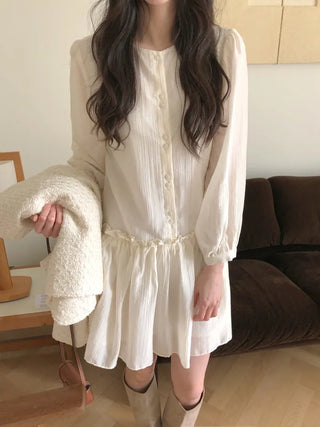 (2 colors) Frill Shirring Midi Dress