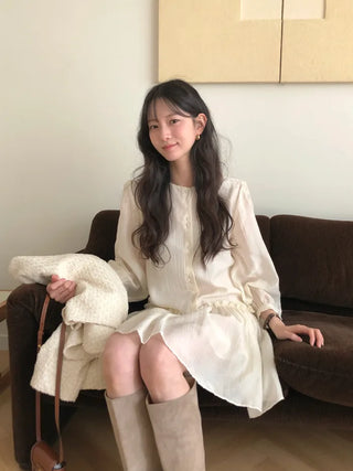 (2 colors) Frill Shirring Midi Dress