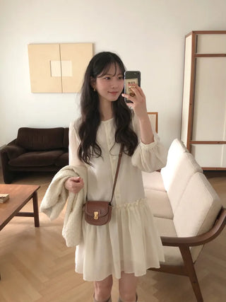 (2 colors) Frill Shirring Midi Dress