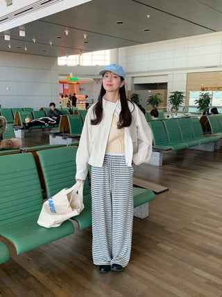 (3 colors) Striped elastic waist pants