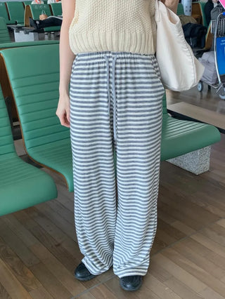 (3 colors) Striped elastic waist pants