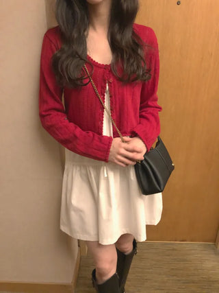 (4 colors) Perforated Cropped Cardigan