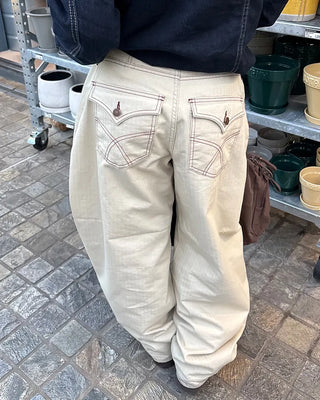 Cross-stitch flap pocket striped cotton pants