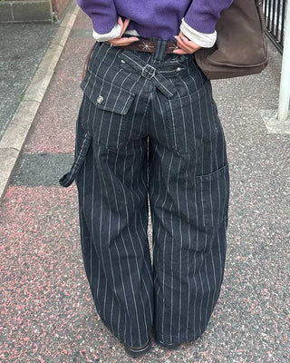 (Unisex) Hammer Loop Pinstripe Black Denim Pants