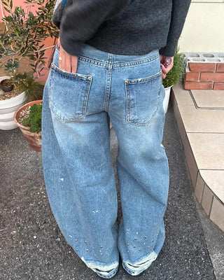 Studded distressed hem balloon denim pants