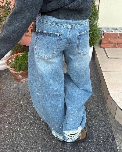 Studded distressed hem balloon denim pants