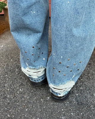 Studded distressed hem balloon denim pants