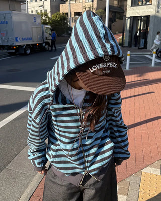 (Unisex) Striped Double Zip Waffle Knit Hoodie
