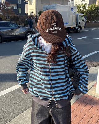 (Unisex) Striped Double Zip Waffle Knit Hoodie