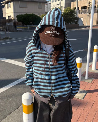 (Unisex) Striped Double Zip Waffle Knit Hoodie