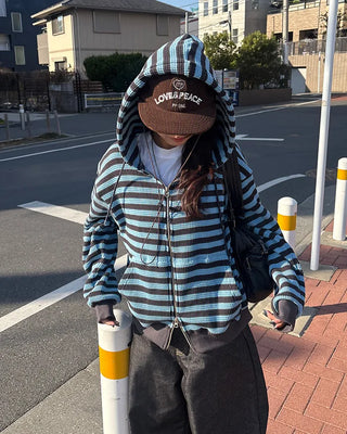 (Unisex) Striped Double Zip Waffle Knit Hoodie