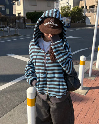 (Unisex) Striped Double Zip Waffle Knit Hoodie