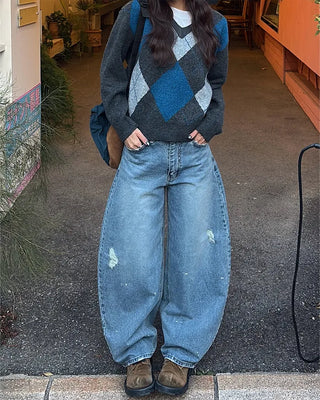 Studded distressed hem balloon denim pants