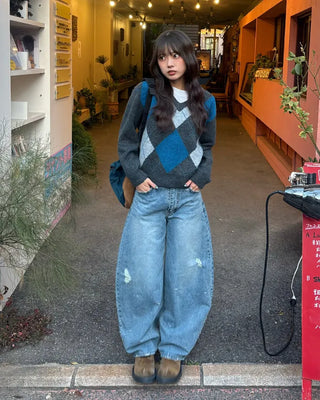 Studded distressed hem balloon denim pants