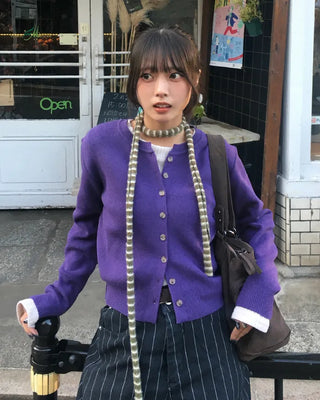 Round neck marble button basic cardigan