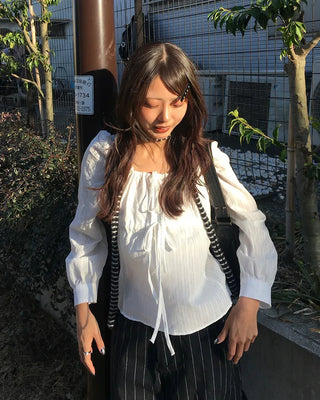 Square drawneck dobby stripe blouse