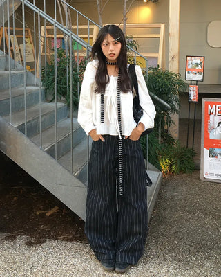 Square drawneck dobby stripe blouse