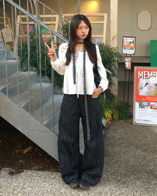 Square drawneck dobby stripe blouse