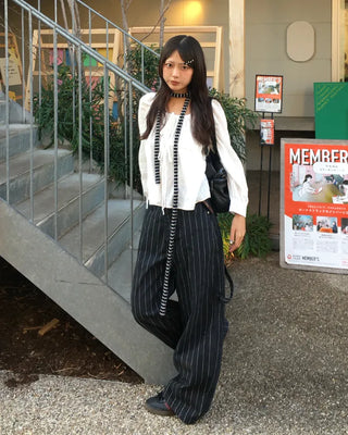 Square drawneck dobby stripe blouse