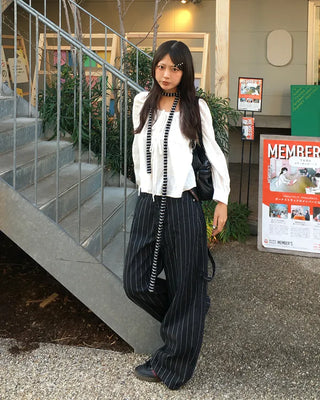 (Unisex) Hammer Loop Pinstripe Black Denim Pants