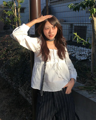 Square drawneck dobby stripe blouse