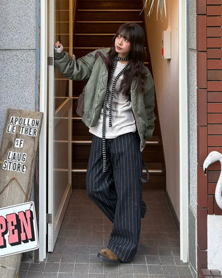 (Unisex) Hammer Loop Pinstripe Black Denim Pants