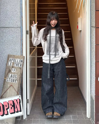 (Unisex) Hammer Loop Pinstripe Black Denim Pants