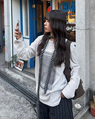 2-Way Neck 7 Illustration Ribbed Long T-Shirt