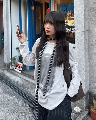 2-Way Neck 7 Illustration Ribbed Long T-Shirt