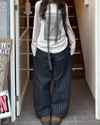 (Unisex) Hammer Loop Pinstripe Black Denim Pants