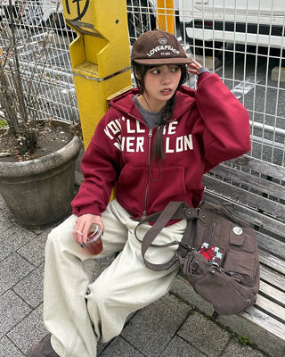 (Unisex) Lettering Double Zip Fleece-Lined Hoodie