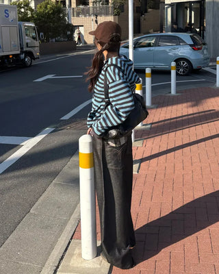 (Unisex) Striped Double Zip Waffle Knit Hoodie