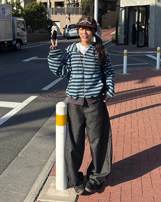 (Unisex) Striped Double Zip Waffle Knit Hoodie