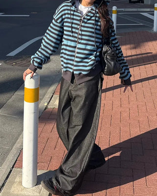(Unisex) Striped Double Zip Waffle Knit Hoodie