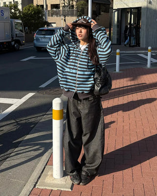 (Unisex) Striped Double Zip Waffle Knit Hoodie