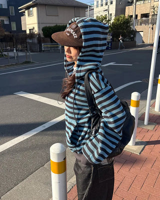 (Unisex) Striped Double Zip Waffle Knit Hoodie